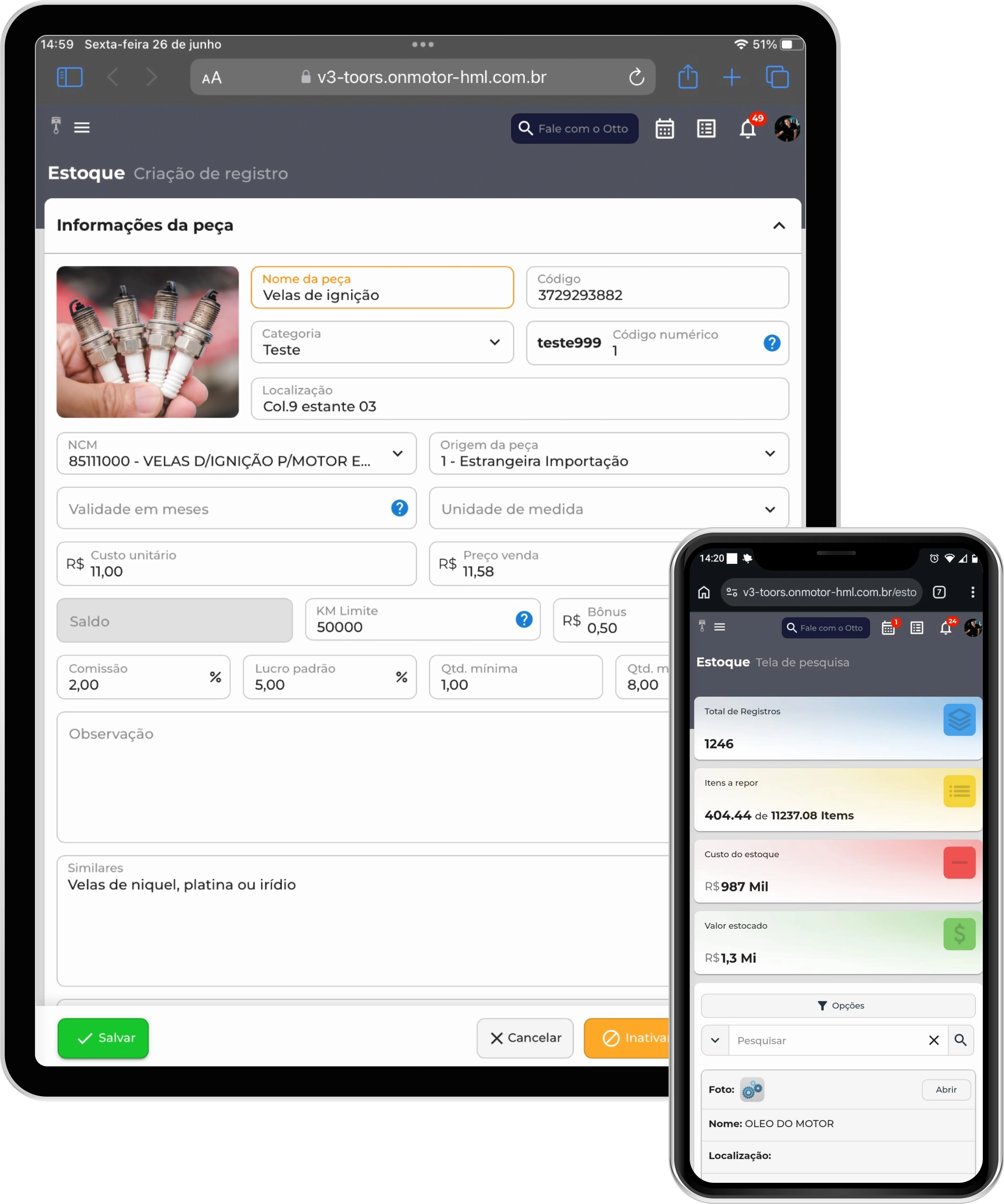 Tablet e celular com o Onmotor